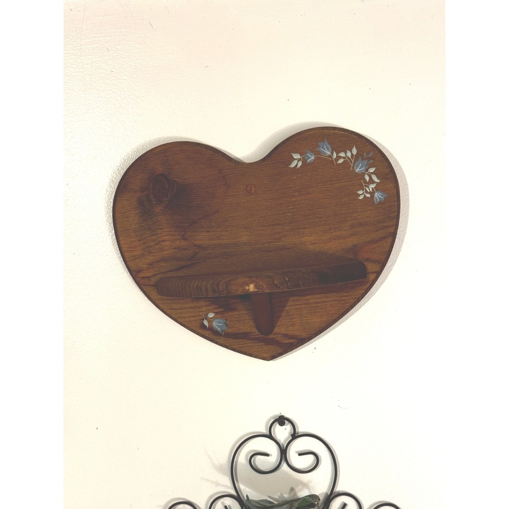 Vintage Heart Shaped Wood Wall Shelf Hand Painted Floral Cottagecore Decor